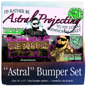 Advert for the land's astral bumper stickers